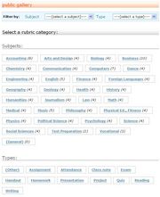 Rubric Gallery categorizes rubrics by subjects and types